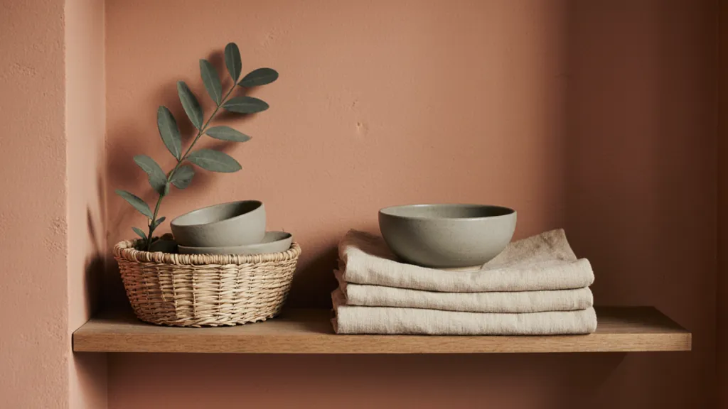 A calm, tidy shelf with folded linen and stoneware
