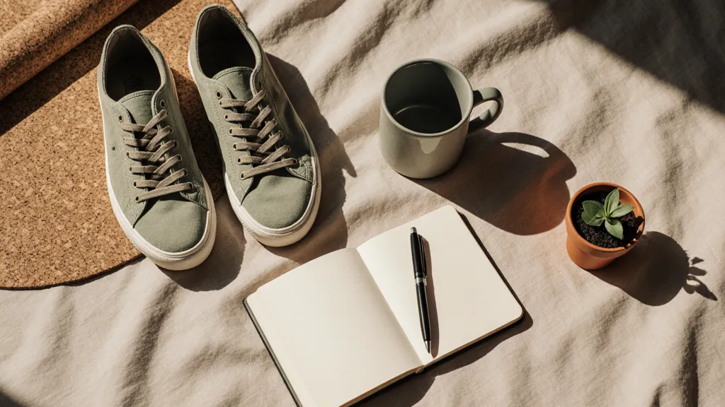 A morning ritual flat lay with trainers, a notebook and a seedling