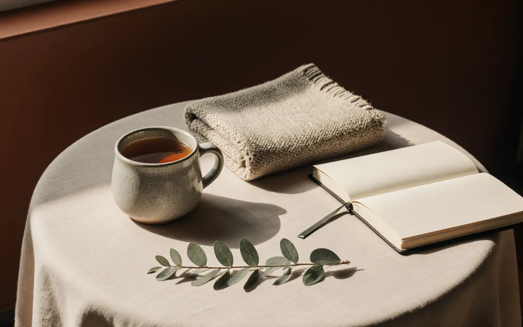 A still life with tea, a wool blanket and an open notebook
