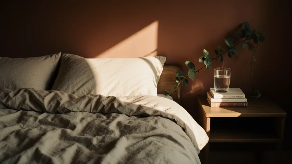 A calm bedroom at dawn with soft linen bedding